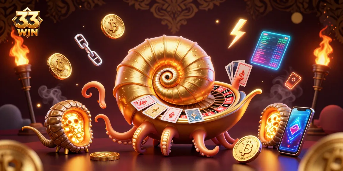 Engage with 33WIN's thrilling gaming experience amidst vibrant 3D elements and crypto visuals.