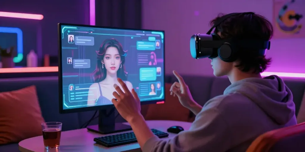 Engaging AI sexting scene with virtual reality interaction and colorful ambiance.