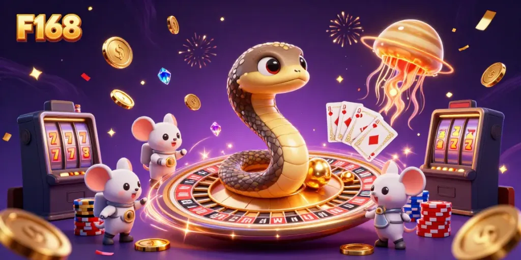Experience exciting F168 casino action with a cosmic roulette scene filled with fun characters.