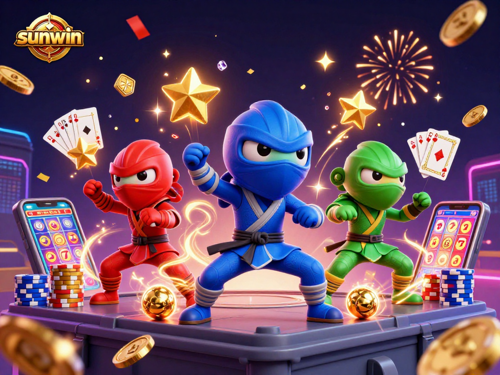 Experience sunwin with a dynamic scene of chameleon ninjas surrounded by casino elements.