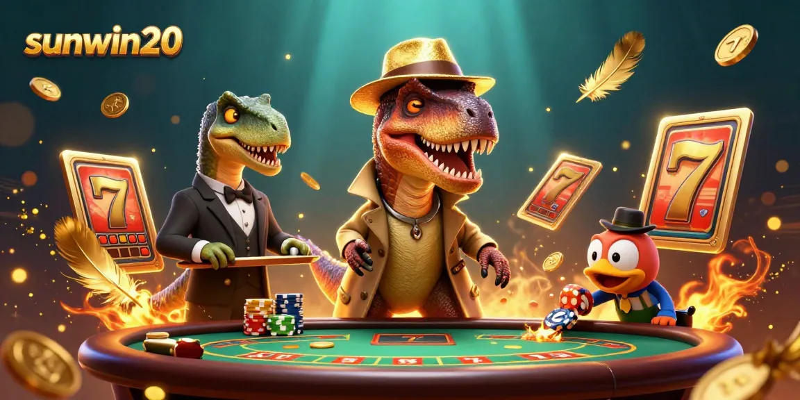 Experience excitement at sunwin20 with a velociraptor card counter at a blackjack table, surrounded by dynamic casino elements.