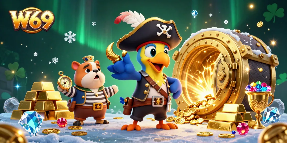W69 casino adventure showing a pirate captain and crew amidst treasure and games, creating excitement.