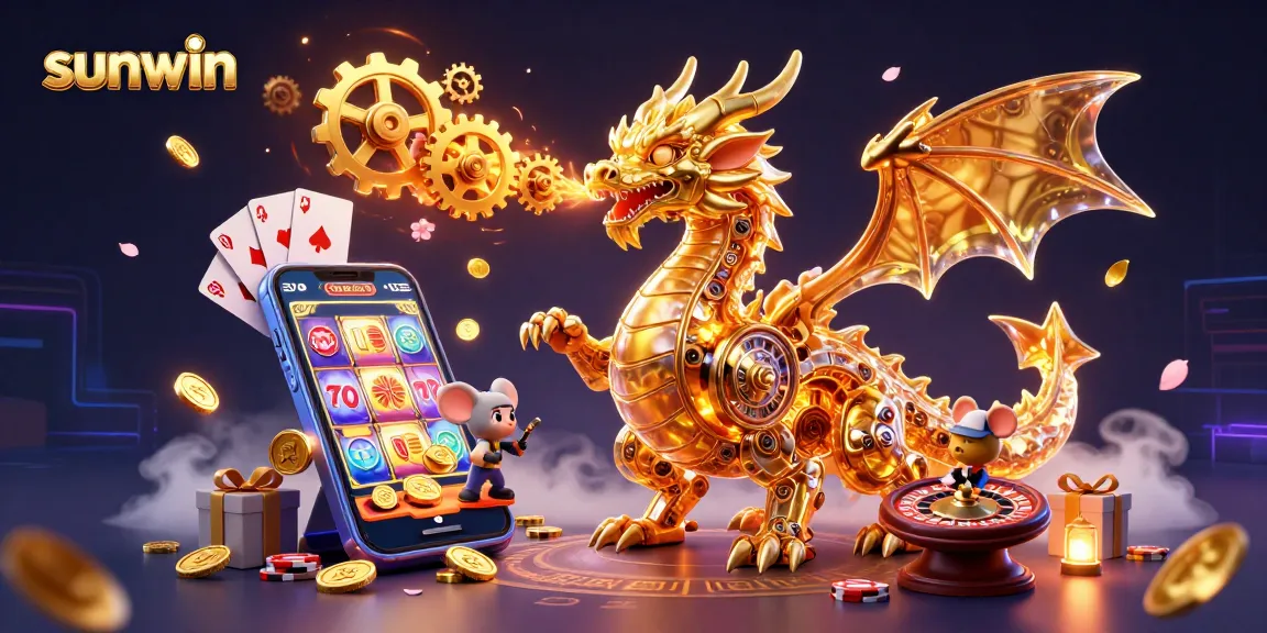 Enjoy thrilling gameplay with sunwin and a stunning golden dragon in vibrant casino scene.