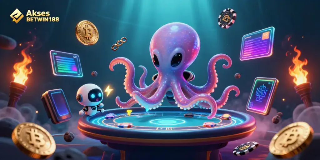 Akses BETWIN188 dengan alien gurita digital bermain poker holografik di luar angkasa, penuh detail menarik.