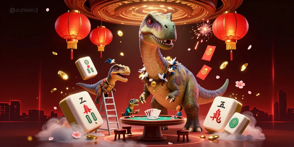 Experience exciting gameplay with sunwin3, a colossal brontosaurus overseeing a lively poker scene amidst dazzling casino elements.