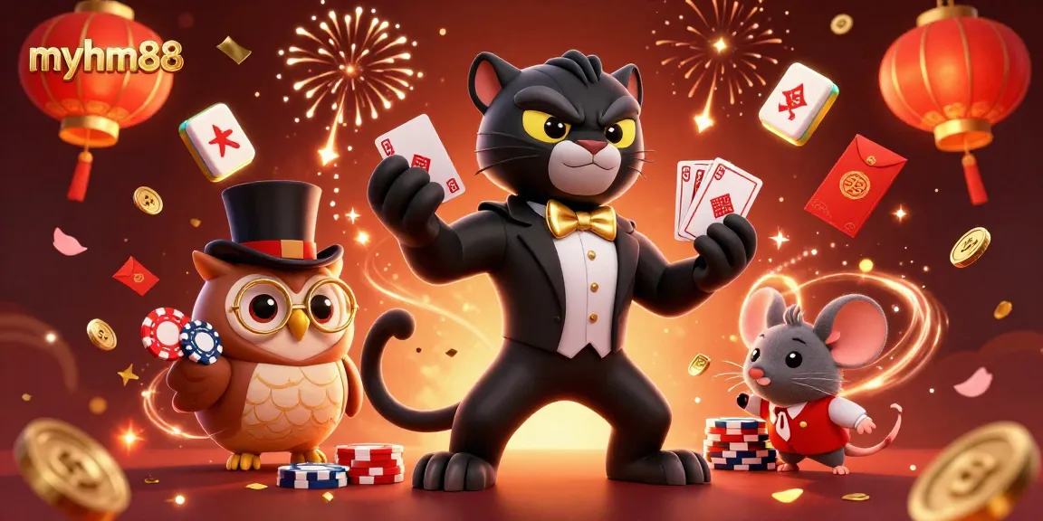 Join myhm88 for an exciting casino adventure with a stylish panther dealing cards and festive elements.