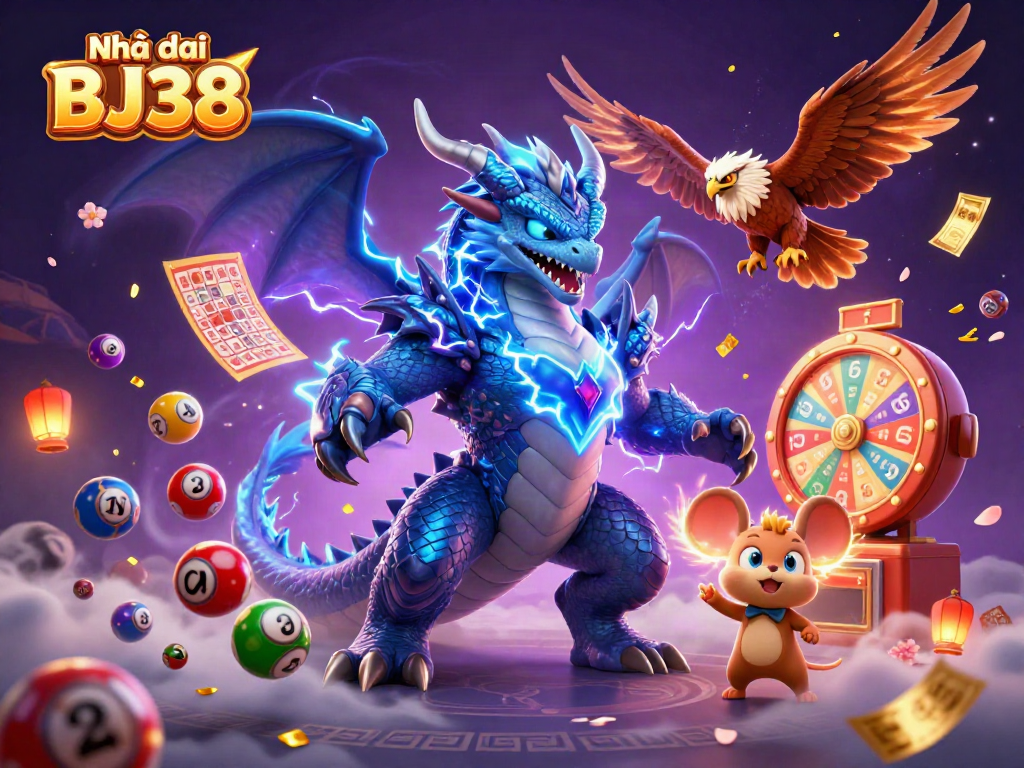 Engage with Nhà cái BJ38's thrilling gaming world featuring vivid lottery balls, prizes, and electrifying characters.