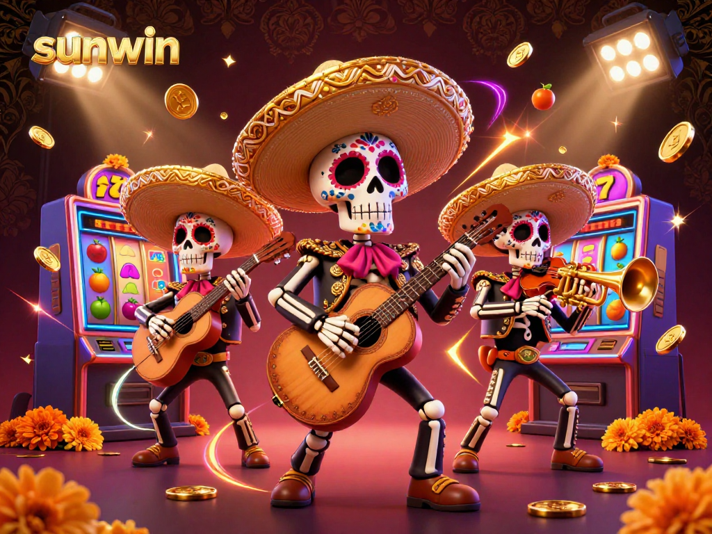 Experience the fun and excitement at sunwin with colorful mariachi characters, dynamic slot machines, and vibrant gold coins.