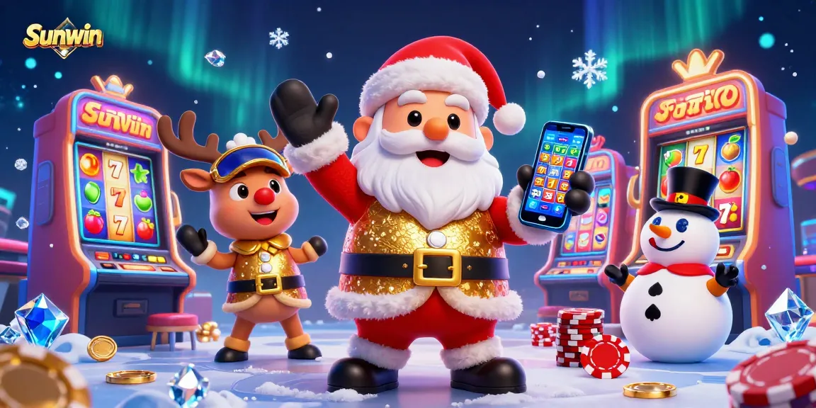 Spin the jackpot with Sunwin as Santa and friends cheer in a lively casino scene.